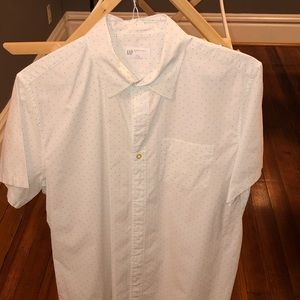 White with blue polka dots, short sleeve button up